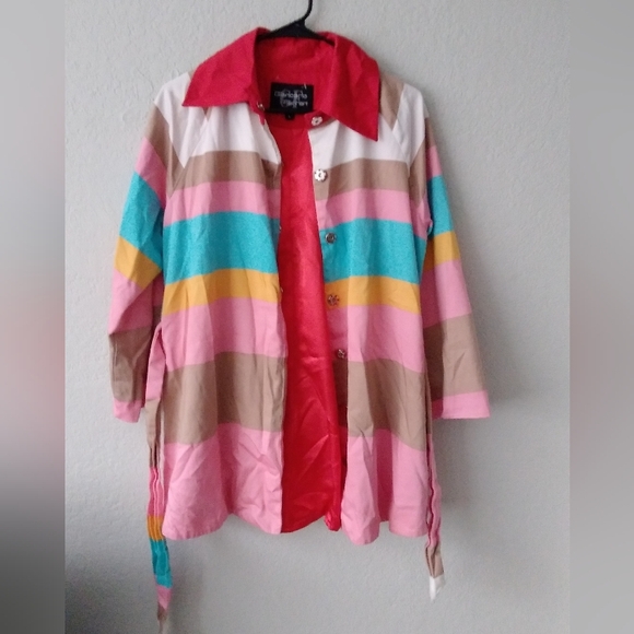 Vintage Jackets & Blazers - Vintage short trench coat multi stripe rainbow Giancarlo Ferrari collar lined lg